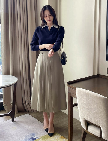 Yuloy Unbalanced Wrap Pleated Banding Long Skirt